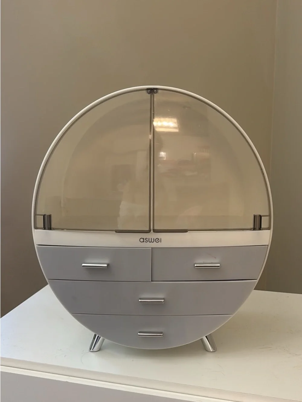 Aswei Gray Round Cosmetic Organizer with Drawers